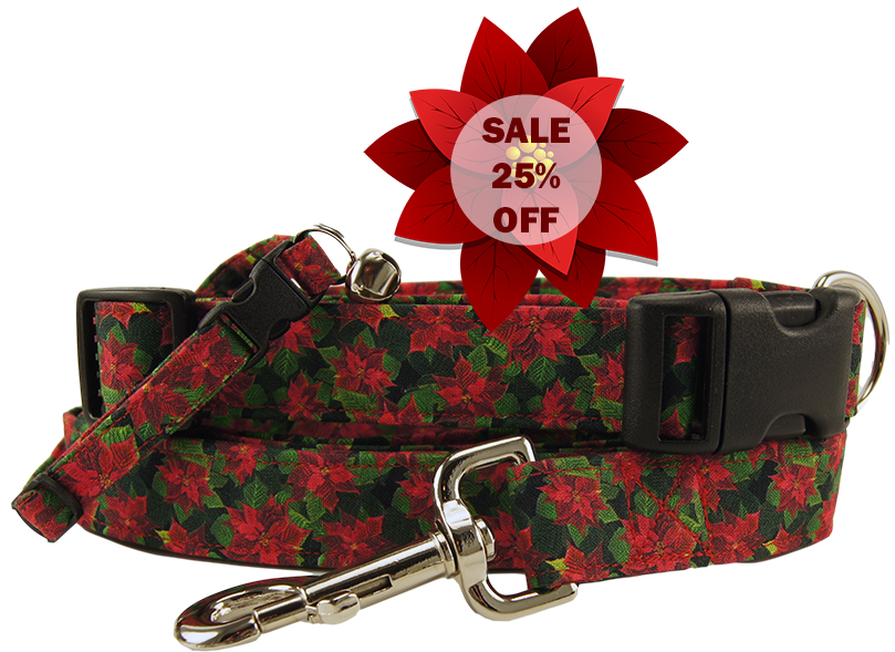 Tiny Poinsettias Dog Collars - Cat Collars - Dog Leashes