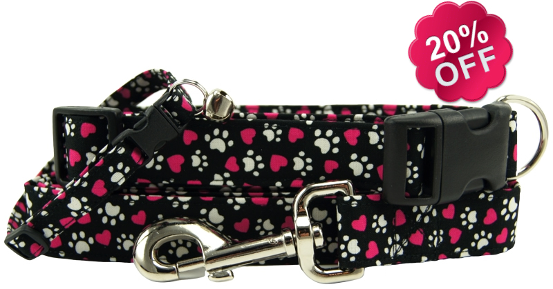 Tumbled Magenta Hearts & Paws Cat - Dog Collars and Dog Leashes