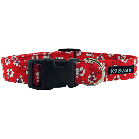 Red Hawaiian Flowers Dog Collar Front