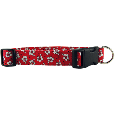 Red Hawaiian Flowers Dog Collar Medium